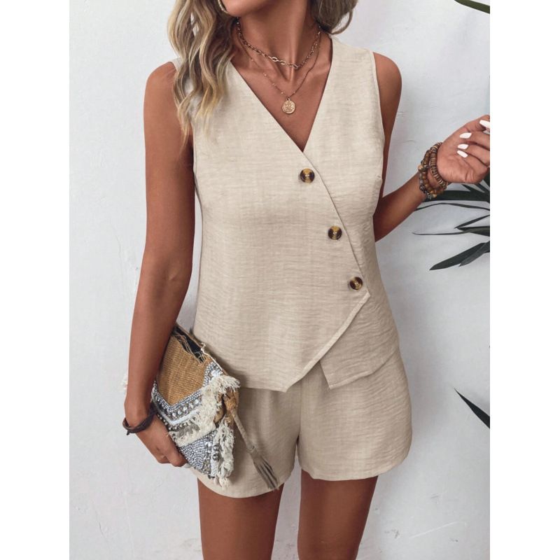 Summer Casual Solid Set Lady Fashion Sleeveless V Neck Button Tops+Shorts Two Piece Sets For Women Holiday Womens Clothing New