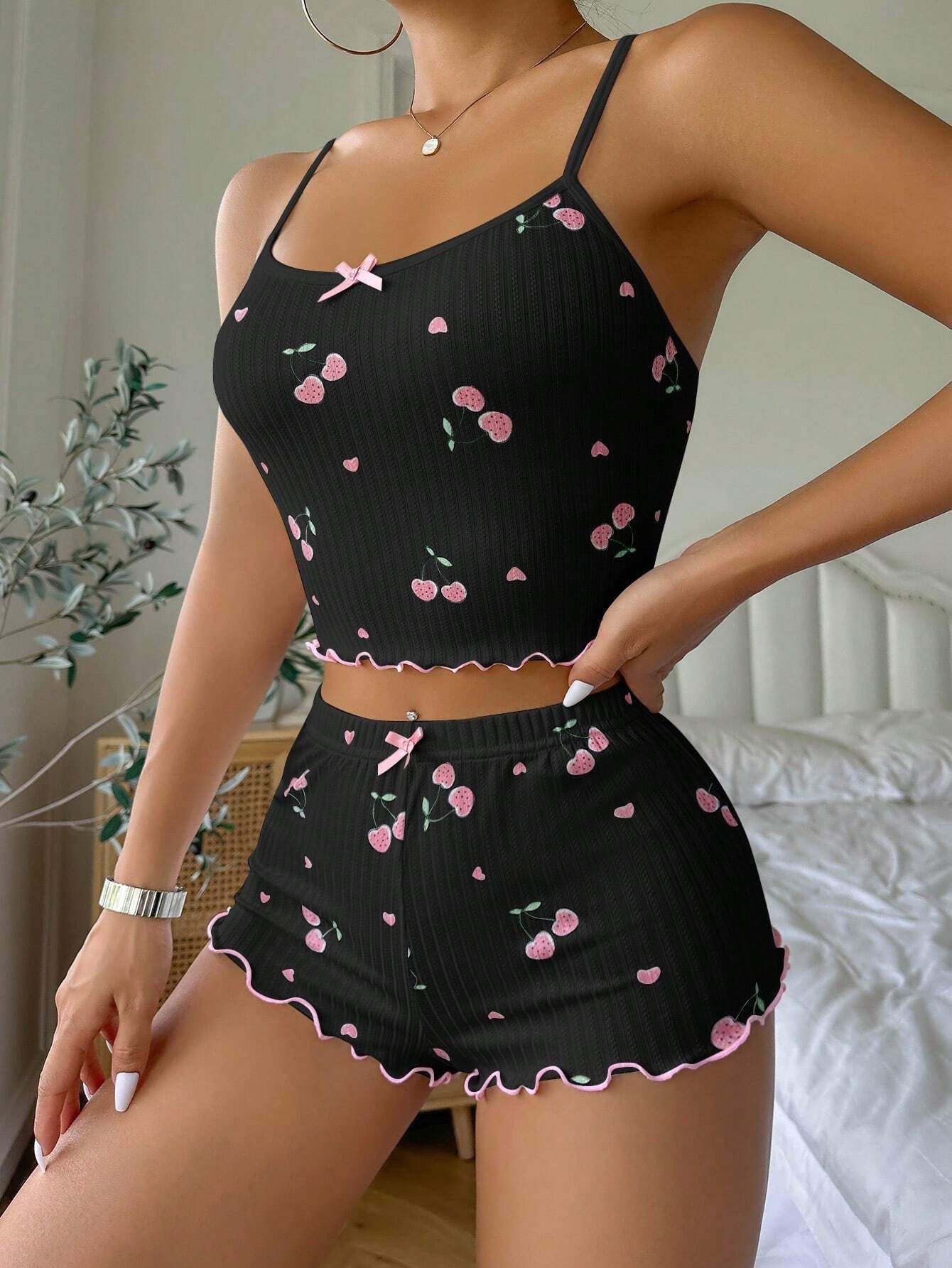 Women's Heart Print Sexy Ribbed Bow Decor Pajama Set, Round Neck Backless Comfortable Crop Cami Top & Shorts, Summer Nightwear