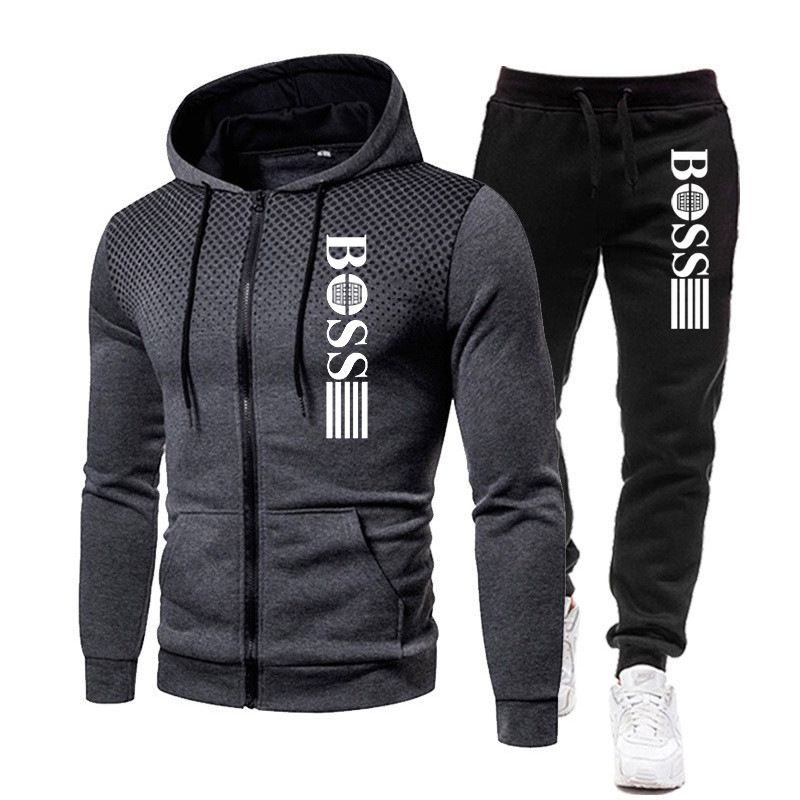 New Men's zippered hoodie Casual Pants Set for Autumn and Winter fashion Fitness and Warm sportswear Two-piece set
