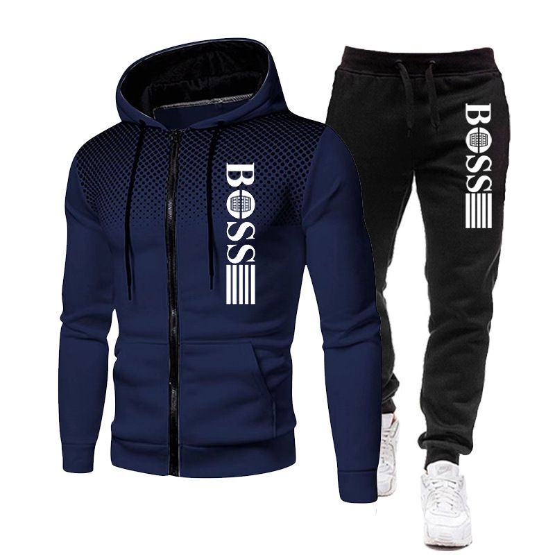 New Men's zippered hoodie Casual Pants Set for Autumn and Winter fashion Fitness and Warm sportswear Two-piece set