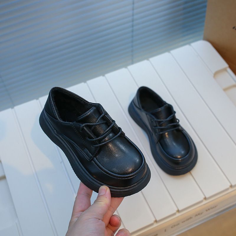 Children Little PU Black Shoes  Spring New Britain Style Retro Loafers Japanese Lace-up School Shoes for Girls and Boys Flat
