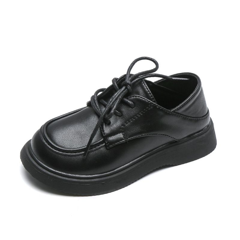 Children Little PU Black Shoes  Spring New Britain Style Retro Loafers Japanese Lace-up School Shoes for Girls and Boys Flat