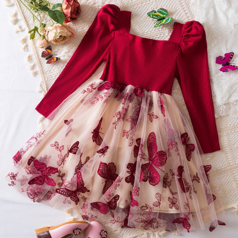 Bear Leader Autumn New Square Neck Girls Dresses Long Sleeved Butterfly Mesh Patchwork Princess Dress Red Christmas Kids Wear
