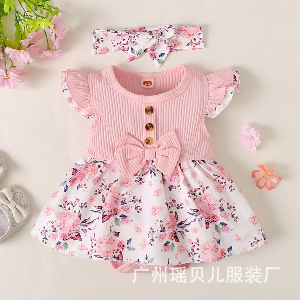 0-18 Months Baby Girl Floral Romper Dress Fly Sleeve Summer Ribbed Jumpsuit with Headband Newborn Baby Girl 2PCS Outfit