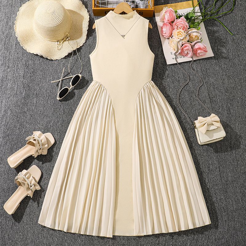 Summer New Teen Girls Dress Solid Color Patchwork Sleeveless A-Line Dress For 8-12 Years Girls Daily Casual Elegant Dance Dress
