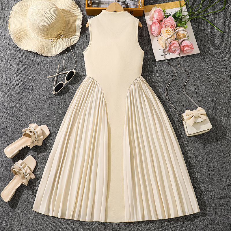 Summer New Teen Girls Dress Solid Color Patchwork Sleeveless A-Line Dress For 8-12 Years Girls Daily Casual Elegant Dance Dress