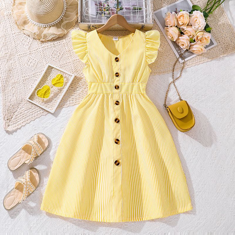 Girl Dress Summer New Light Blue Stripe Ruffled Sleeveless V-Neck Dress Elegant Cute Daily Casual Vacation  Style Outifits