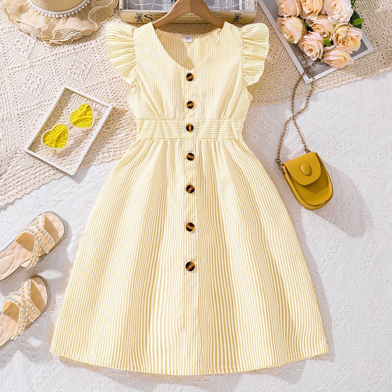 Girl Dress Summer New Light Blue Stripe Ruffled Sleeveless V-Neck Dress Elegant Cute Daily Casual Vacation  Style Outifits