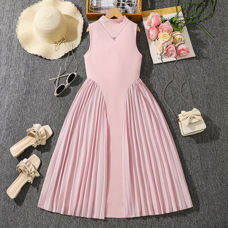 Summer New Teen Girls Dress Solid Color Patchwork Sleeveless A-Line Dress For 8-12 Years Girls Daily Casual Elegant Dance Dress