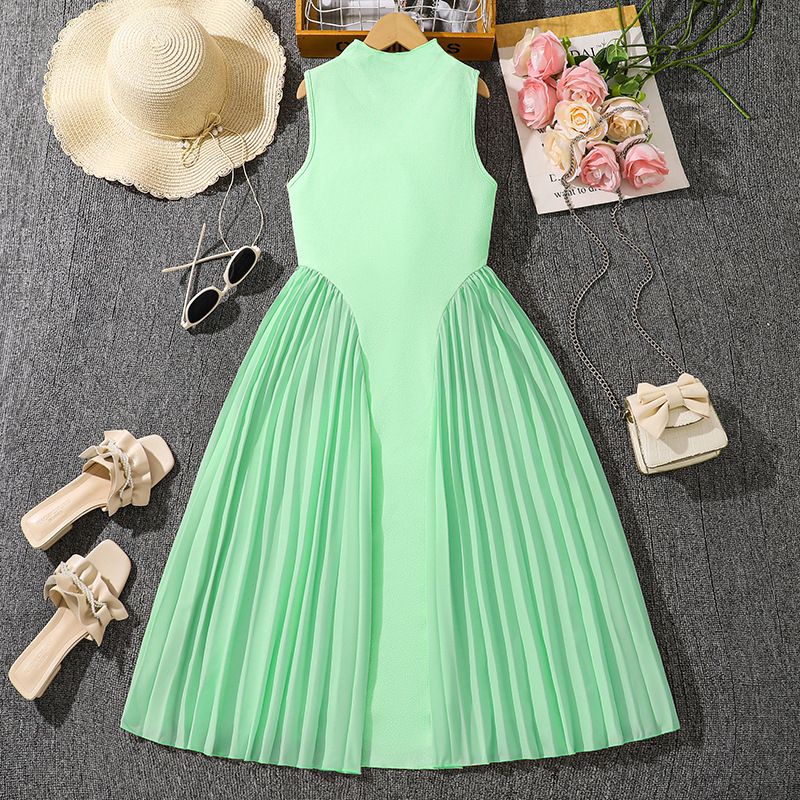 Summer New Teen Girls Dress Solid Color Patchwork Sleeveless A-Line Dress For 8-12 Years Girls Daily Casual Elegant Dance Dress