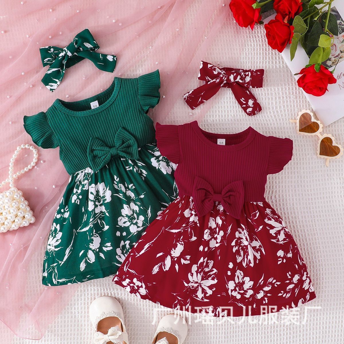 0-18 Months Baby Girl Floral Romper Dress Fly Sleeve Summer Ribbed Jumpsuit with Headband Newborn Baby Girl 2PCS Outfit