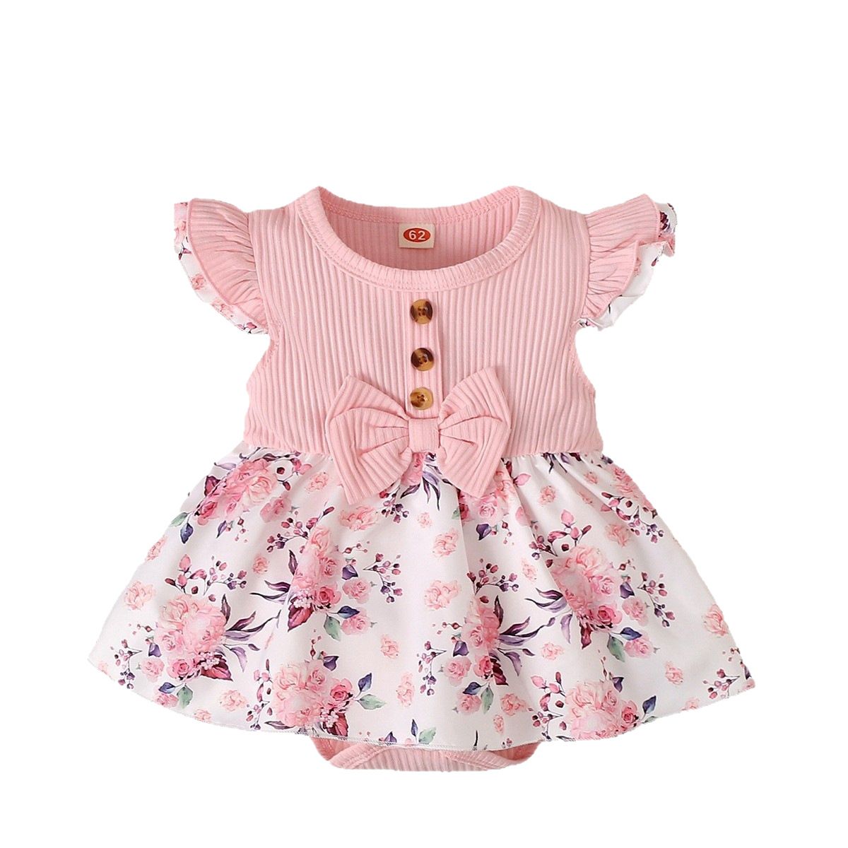 0-18 Months Baby Girl Floral Romper Dress Fly Sleeve Summer Ribbed Jumpsuit with Headband Newborn Baby Girl 2PCS Outfit