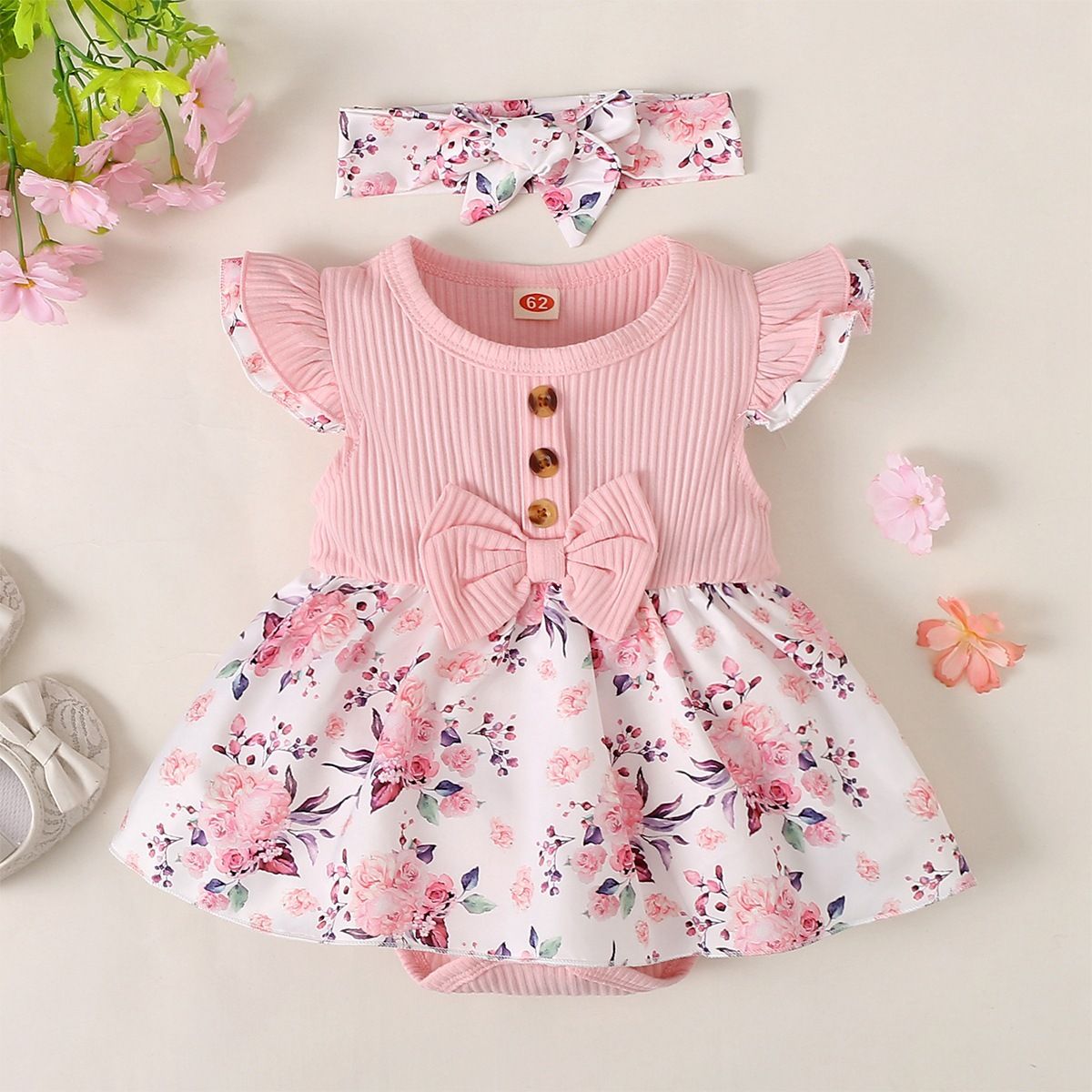 0-18 Months Baby Girl Floral Romper Dress Fly Sleeve Summer Ribbed Jumpsuit with Headband Newborn Baby Girl 2PCS Outfit