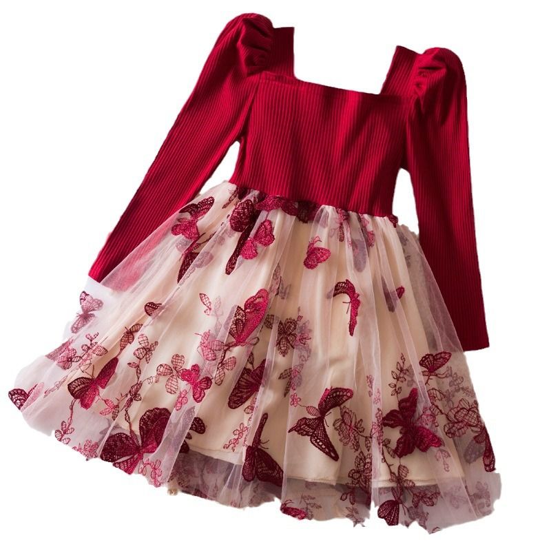 Bear Leader Autumn New Square Neck Girls Dresses Long Sleeved Butterfly Mesh Patchwork Princess Dress Red Christmas Kids Wear