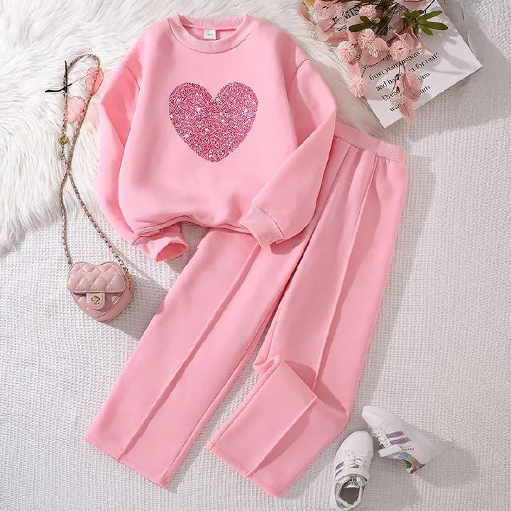 Kids Girls Long Sleeve Hoodie Two Piece Clothing Set for Children Teens Causal Wear Heart Sweatershirt Autumn Winter Clothes