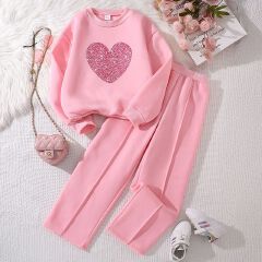 Kids Girls Long Sleeve Hoodie Two Piece Clothing Set for Children Teens Causal Wear Heart Sweatershirt Autumn Winter Clothes