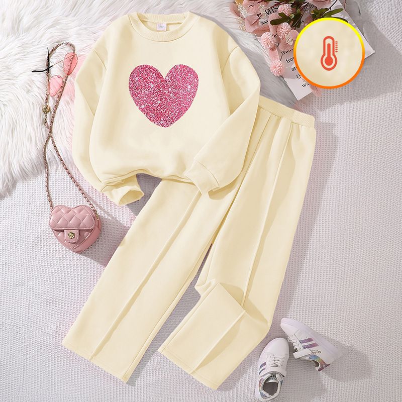 Kids Girls Long Sleeve Hoodie Two Piece Clothing Set for Children Teens Causal Wear Heart Sweatershirt Autumn Winter Clothes