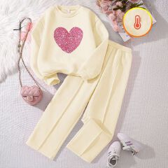 Kids Girls Long Sleeve Hoodie Two Piece Clothing Set for Children Teens Causal Wear Heart Sweatershirt Autumn Winter Clothes