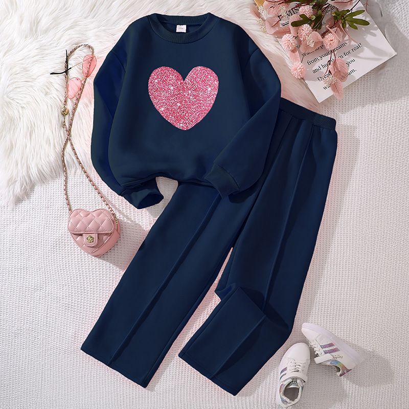 Kids Girls Long Sleeve Hoodie Two Piece Clothing Set for Children Teens Causal Wear Heart Sweatershirt Autumn Winter Clothes