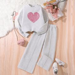 Kids Girls Long Sleeve Hoodie Two Piece Clothing Set for Children Teens Causal Wear Heart Sweatershirt Autumn Winter Clothes