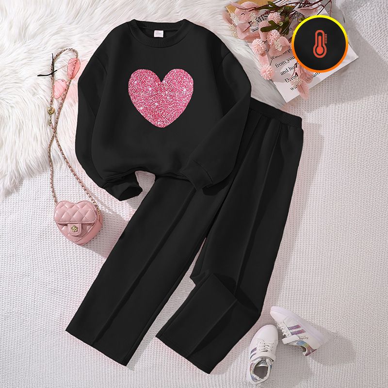 Kids Girls Long Sleeve Hoodie Two Piece Clothing Set for Children Teens Causal Wear Heart Sweatershirt Autumn Winter Clothes