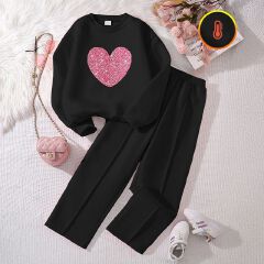 Kids Girls Long Sleeve Hoodie Two Piece Clothing Set for Children Teens Causal Wear Heart Sweatershirt Autumn Winter Clothes