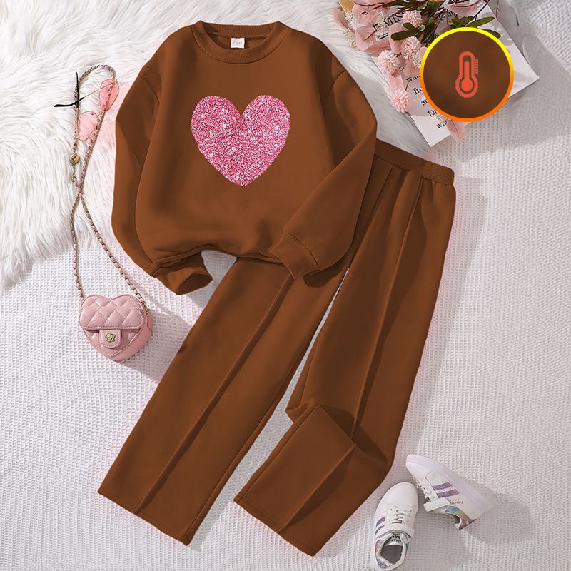 Kids Girls Long Sleeve Hoodie Two Piece Clothing Set for Children Teens Causal Wear Heart Sweatershirt Autumn Winter Clothes