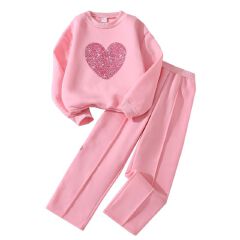Kids Girls Long Sleeve Hoodie Two Piece Clothing Set for Children Teens Causal Wear Heart Sweatershirt Autumn Winter Clothes
