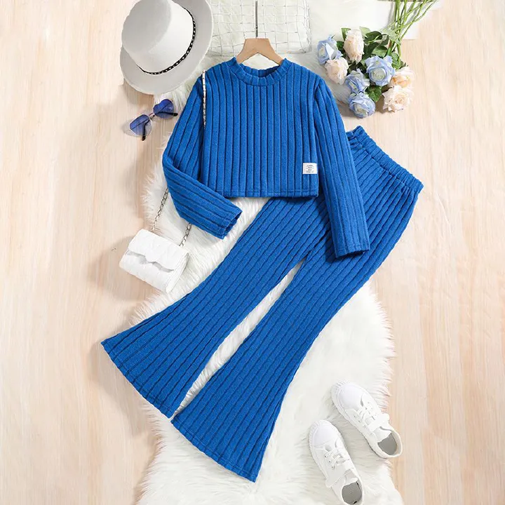 Spring Autumn Fashion Girls Clothing Set Full Sleeve Stripe Sweatshirt + Wide Leg Pants 2Pcs Suit For 7-12 Years Teen-agers