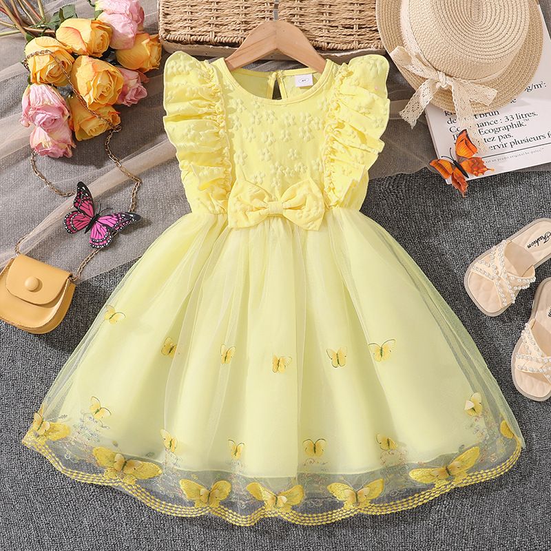 Kids Princess Dress For Girls O-Neck Wing-Sleeve Bowknot Floral Print Embroidery 4-7 Years Summer Sweet Birthday Party Clothing
