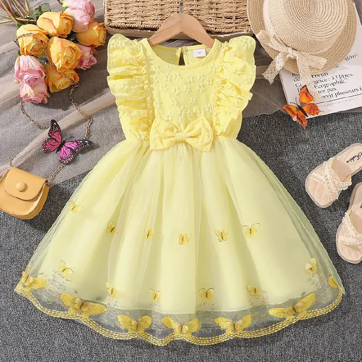 Kids Princess Dress For Girls O-Neck Wing-Sleeve Bowknot Floral Print Embroidery 4-7 Years Summer Sweet Birthday Party Clothing