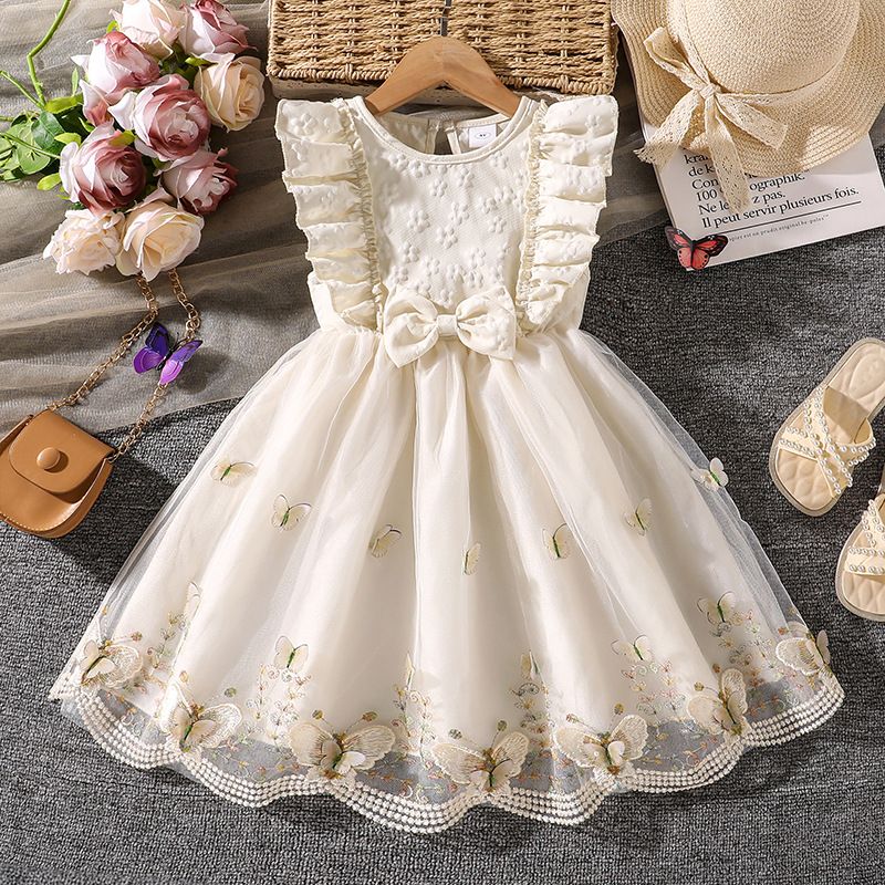 Kids Princess Dress For Girls O-Neck Wing-Sleeve Bowknot Floral Print Embroidery 4-7 Years Summer Sweet Birthday Party Clothing
