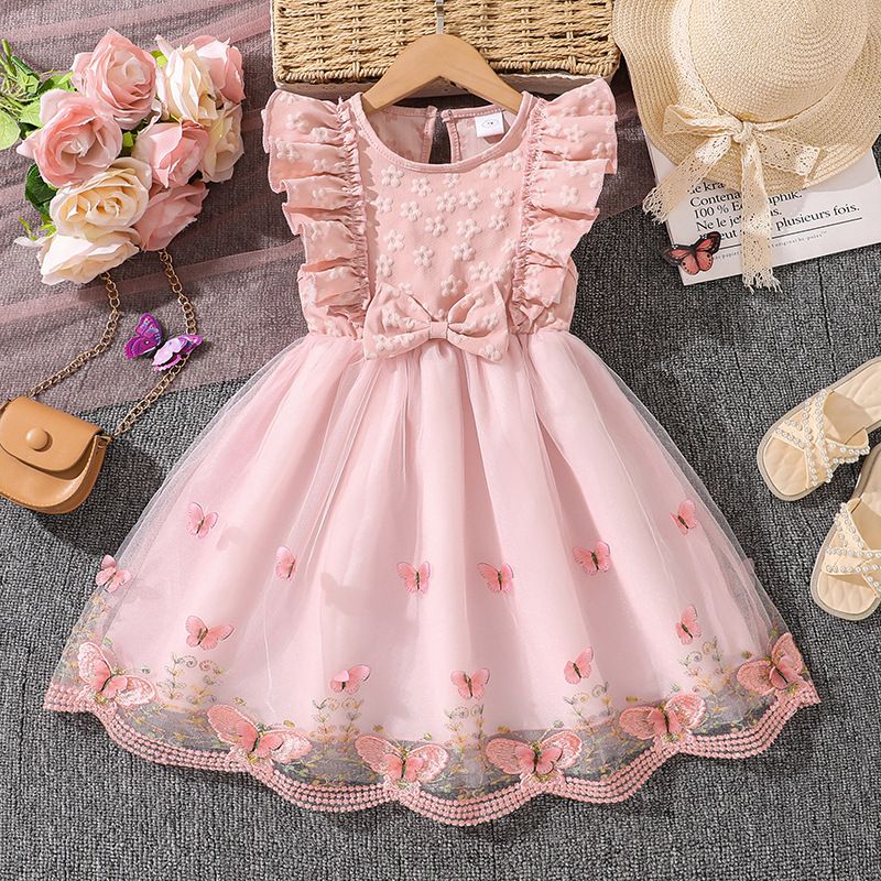 Kids Princess Dress For Girls O-Neck Wing-Sleeve Bowknot Floral Print Embroidery 4-7 Years Summer Sweet Birthday Party Clothing
