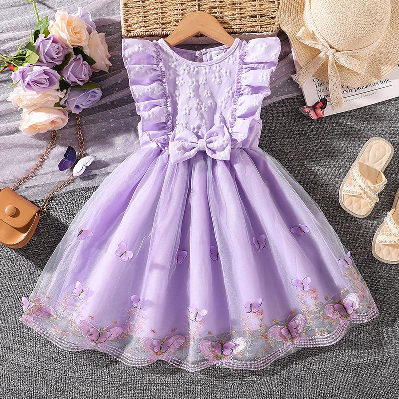 Kids Princess Dress For Girls O-Neck Wing-Sleeve Bowknot Floral Print Embroidery 4-7 Years Summer Sweet Birthday Party Clothing