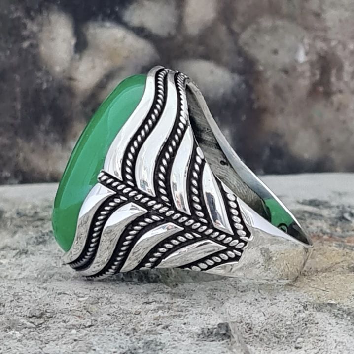 New 925 sterling silver men's ring green agate stone men's punk ring high-end retro unisex jewelry