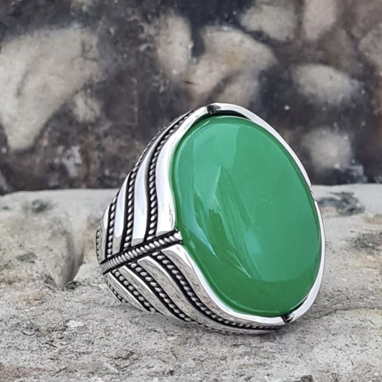 New 925 sterling silver men's ring green agate stone men's punk ring high-end retro unisex jewelry