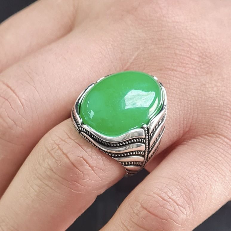 New 925 sterling silver men's ring green agate stone men's punk ring high-end retro unisex jewelry