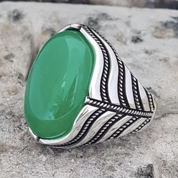 New 925 sterling silver men's ring green agate stone men's punk ring high-end retro unisex jewelry