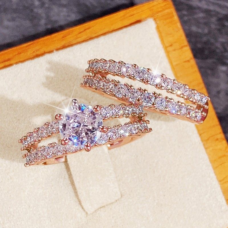 Trendy Hollow Set Rings Full Bling Iced Out CZ Stone Luxury Women Wedding Engagement Rings 2Pcs Set Jewelry