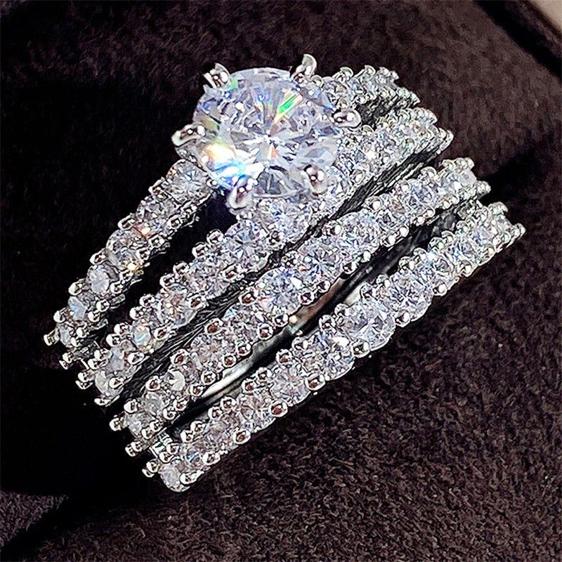Trendy Hollow Set Rings Full Bling Iced Out CZ Stone Luxury Women Wedding Engagement Rings 2Pcs Set Jewelry