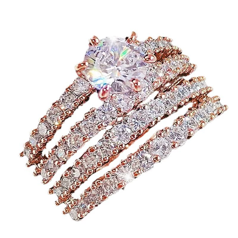 Trendy Hollow Set Rings Full Bling Iced Out CZ Stone Luxury Women Wedding Engagement Rings 2Pcs Set Jewelry