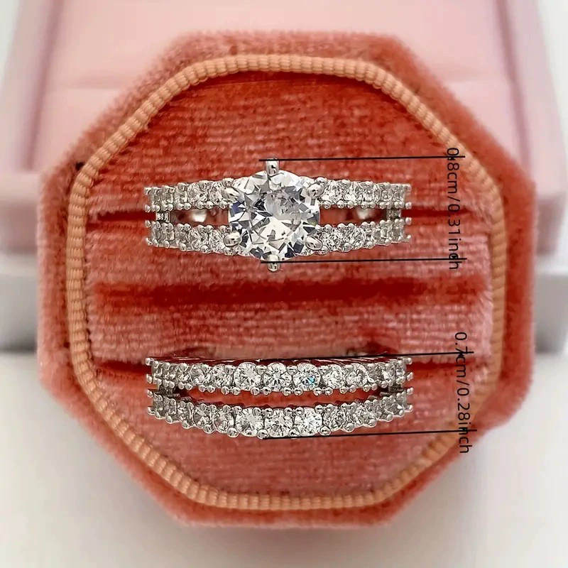 Trendy Hollow Set Rings Full Bling Iced Out CZ Stone Luxury Women Wedding Engagement Rings 2Pcs Set Jewelry