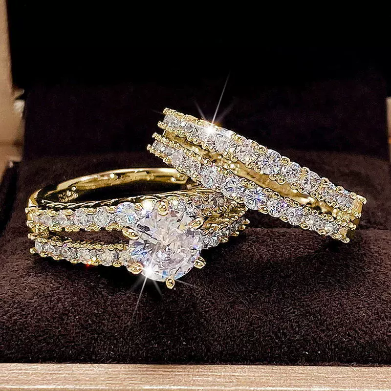 Trendy Hollow Set Rings Full Bling Iced Out CZ Stone Luxury Women Wedding Engagement Rings 2Pcs Set Jewelry