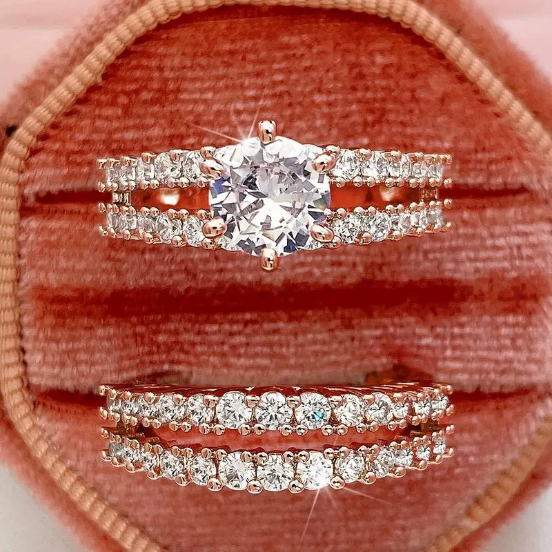 Trendy Hollow Set Rings Full Bling Iced Out CZ Stone Luxury Women Wedding Engagement Rings 2Pcs Set Jewelry