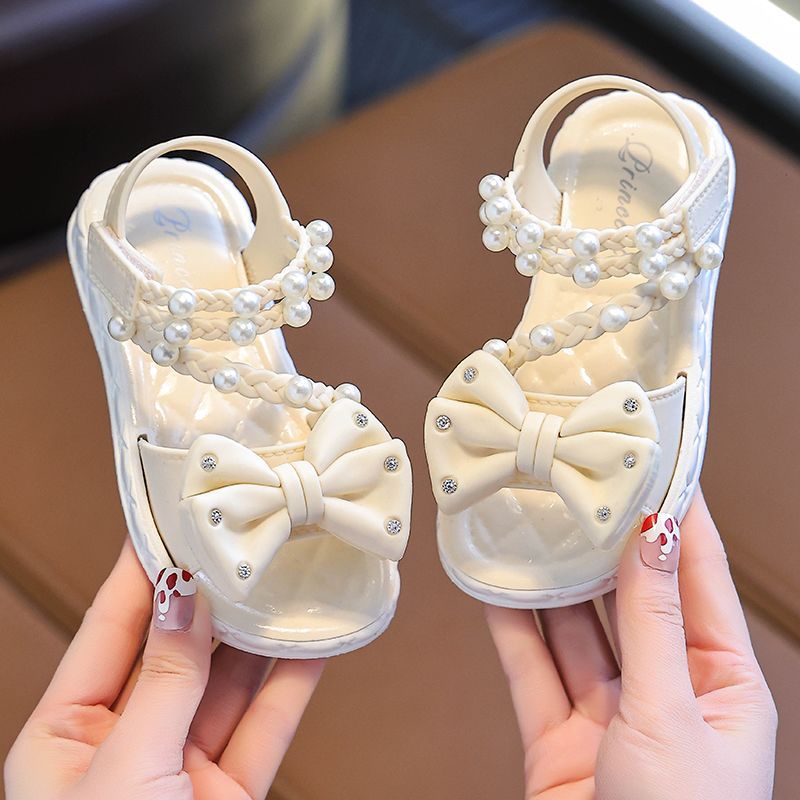 New Summer Bow Pearl Ornament Flat Sandals For Girls Aged 1-7 Children Slippers Non-slip Outdoors Seabeach Flip Flops Kids Shoes