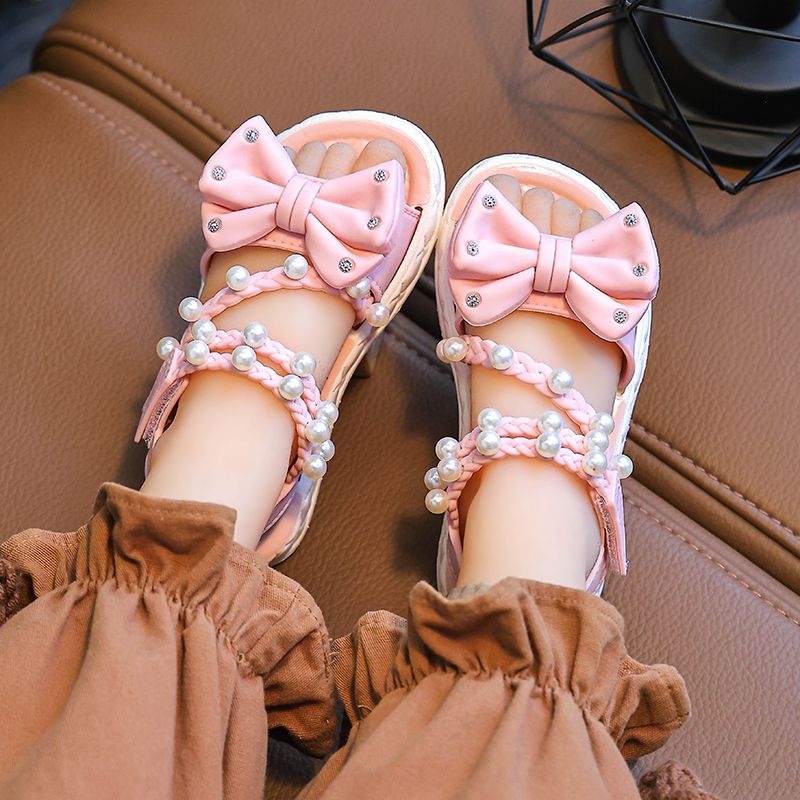 New Summer Bow Pearl Ornament Flat Sandals For Girls Aged 1-7 Children Slippers Non-slip Outdoors Seabeach Flip Flops Kids Shoes