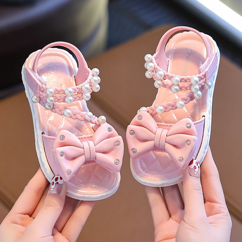 New Summer Bow Pearl Ornament Flat Sandals For Girls Aged 1-7 Children Slippers Non-slip Outdoors Seabeach Flip Flops Kids Shoes