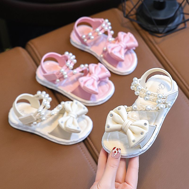 New Summer Bow Pearl Ornament Flat Sandals For Girls Aged 1-7 Children Slippers Non-slip Outdoors Seabeach Flip Flops Kids Shoes