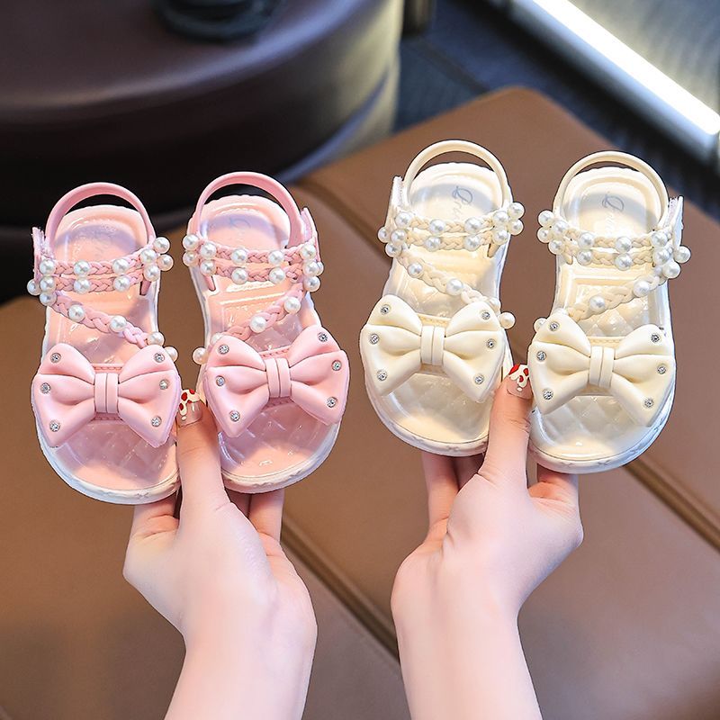 New Summer Bow Pearl Ornament Flat Sandals For Girls Aged 1-7 Children Slippers Non-slip Outdoors Seabeach Flip Flops Kids Shoes