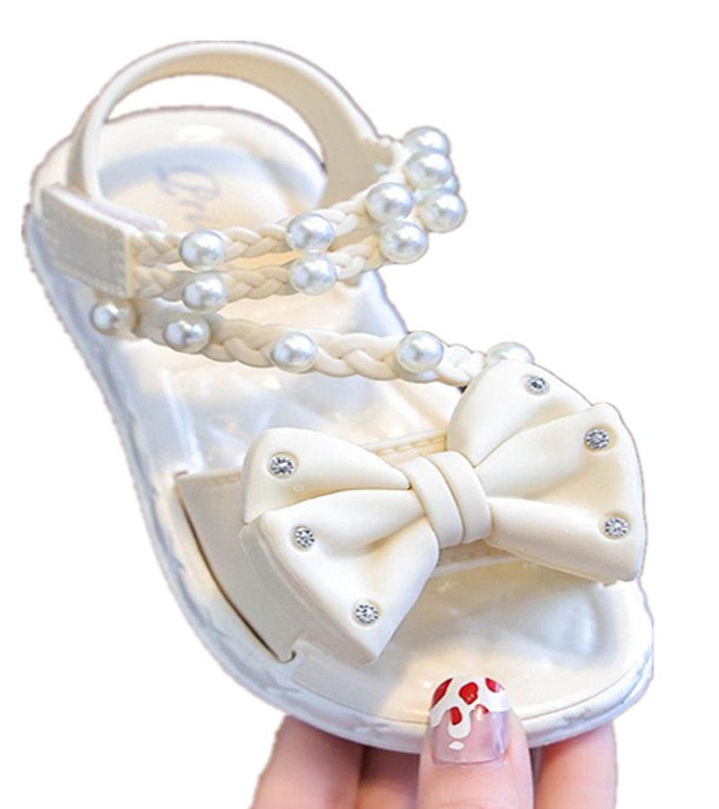 New Summer Bow Pearl Ornament Flat Sandals For Girls Aged 1-7 Children Slippers Non-slip Outdoors Seabeach Flip Flops Kids Shoes